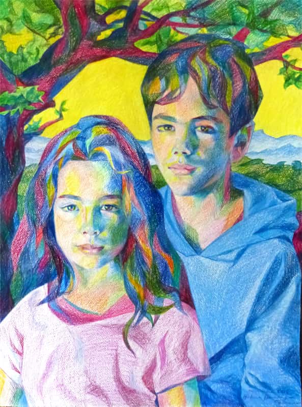 Portrait: Stanislas et Agathe aux Crayons de Couleurs